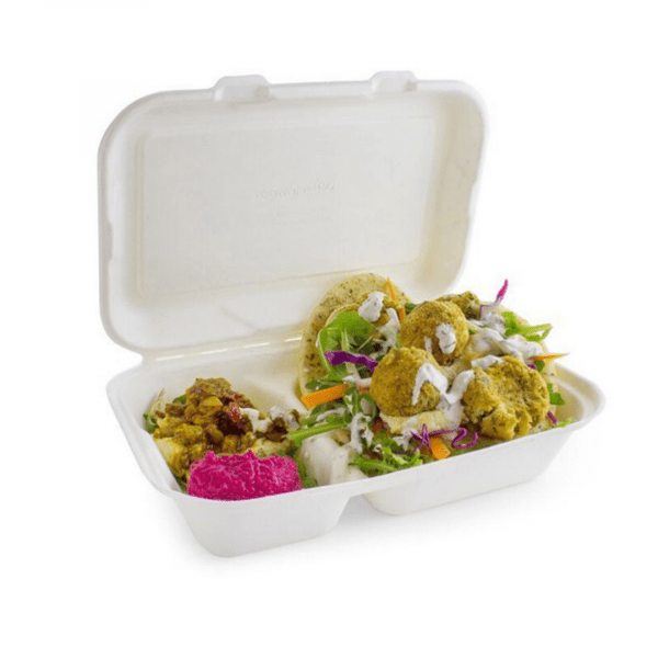 2-COMPARTMENT-1-2 (1) 9 x 6″ Bagasse 2 Compartment Lunch Box