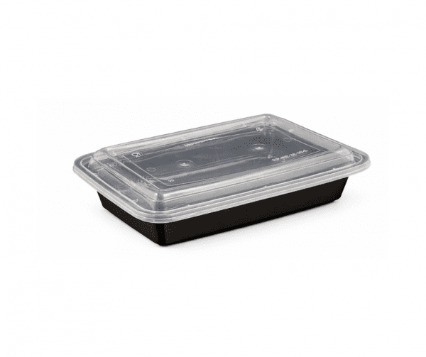 28oz Black Plastic Container and Clear Lid Create a product hero image. The original image is being provided as a sample for reference. Do not change anything, no text, no logo on the image. Clear white background. Remove the shadow in the image.